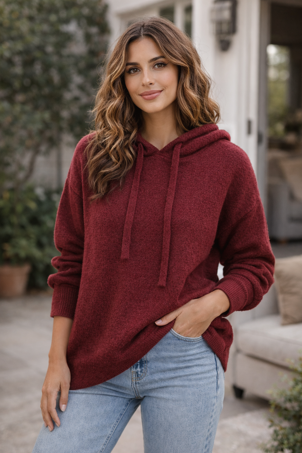 Pull Capuche Perle - Bordeaux